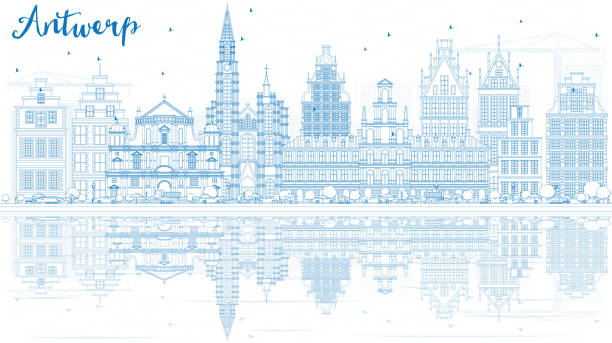 ilustrações de stock, clip art, desenhos animados e ícones de outline antwerp skyline with blue buildings and reflections. - antuerpia