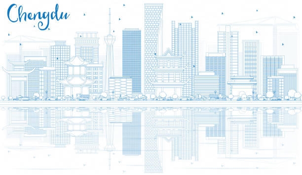 ilustraciones, imágenes clip art, dibujos animados e iconos de stock de esquema chengdu skyline azul edificios y reflejos. - chengdu urban scene city life house