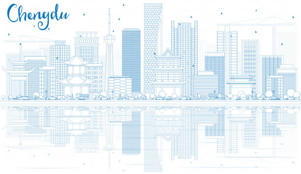 очертуйте горизонт чэнду с голубыми зданиями и отражениями. - chengdu urban scene city life house stock illustrations