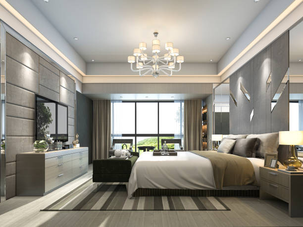 3d rendering lussuosa suite da camera da letto moderna in hotel - house indoors lighting equipment ceiling foto e immagini stock
