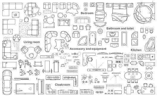 Set of furniture top view for apartments plan. The layout of the apartment design, technical drawing. Interior icon for bathrooms, living room, kitchen, bedroom, hallway . Vector illustration.