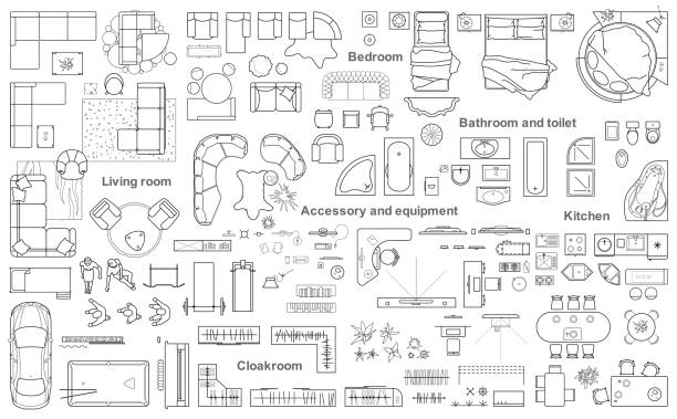 Big set icons of furniture for architecture plan. Set of furniture top view for apartments plan. The layout of the apartment design, technical drawing. Interior icon for bathrooms, living room, kitchen, bedroom, hallway . Vector illustration. bathroom designs stock illustrations