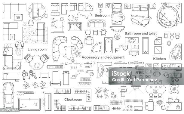 Big Set Icons Of Furniture For Architecture Plan Stock Illustration - Download Image Now - Furniture, Plan - Document, High Angle View