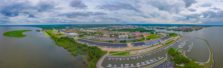 A panoramic view of the port of Green Bay Wisconsin from aerial viewpoint.