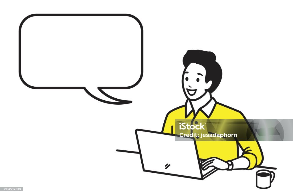 Happy man working with laptop Happy and smiling young man working with laptop with a cup of hot coffee in morning time. Vector illustration character in outline style, hand draw, sketching, doodle, cartoon design. Speech bubble, blank space, copy space. Computer stock vector