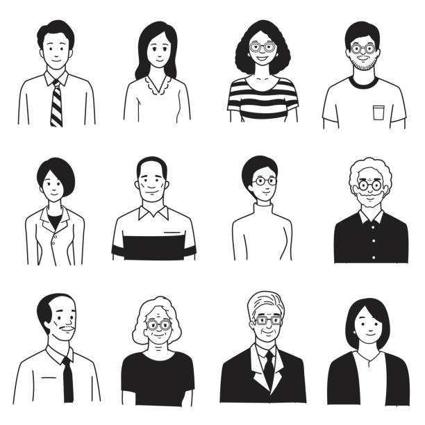 Portrait smiling people Vector illustration character portrait of smiling people, various, group, multi-ethnic, diversity, many nationalities, generation. Simple hand draw, sketch, doodle, cartoon, balck and white color style. portrait illustrations stock illustrations