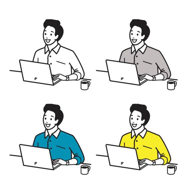 Happy man working with laptop Vector illustration character set of happy and smiling young man, working cheerful with computer laptop, with morning cup of coffee. Various color, hand draw, sketching, doodle, cartoon style. business person typing on laptop stock illustrations