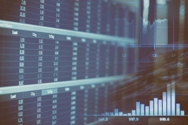 istock Abstract financial stock numbers chart with graph and stack of coins in Double exposure style background 804928420