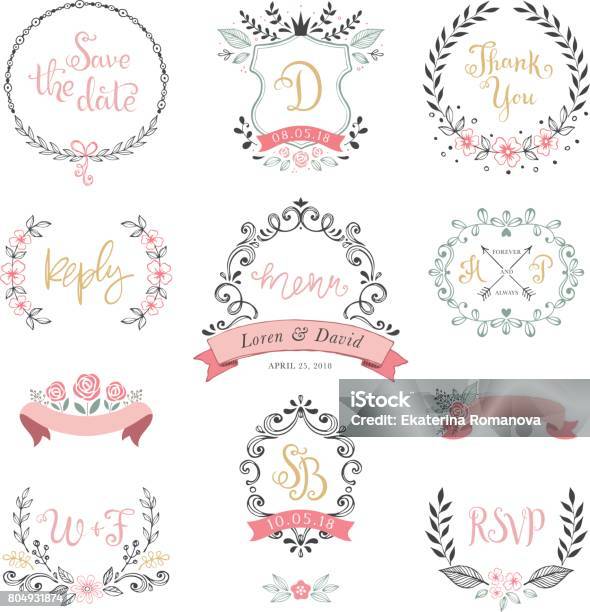 Rustic Wedding Elements05 Stock Illustration - Download Image Now - Flower, Floral Pattern, Logo