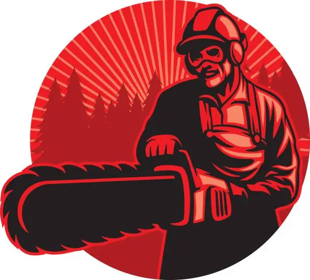 Vector illustration of worker using the chainsaw