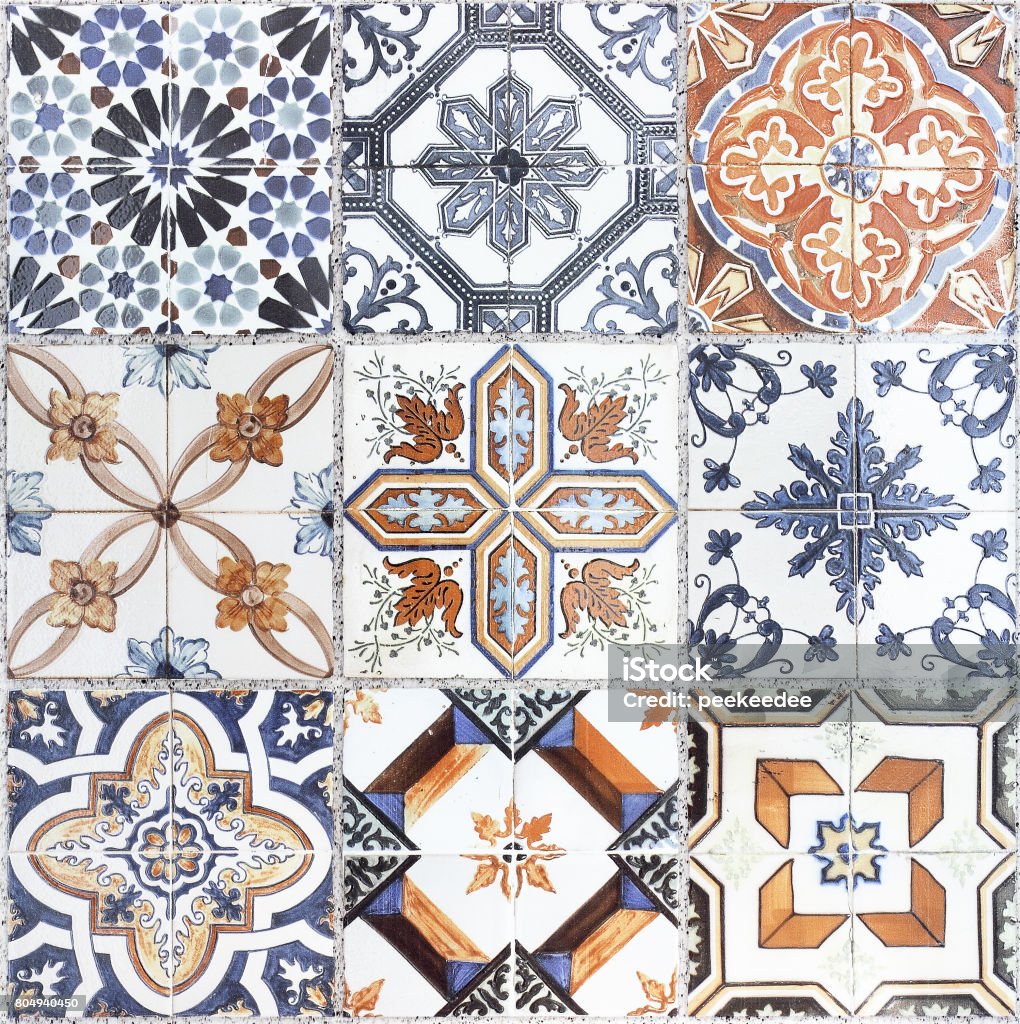 Beautiful old wall ceramic tiles patterns handcraft from thailand public. Architecture Stock Photo