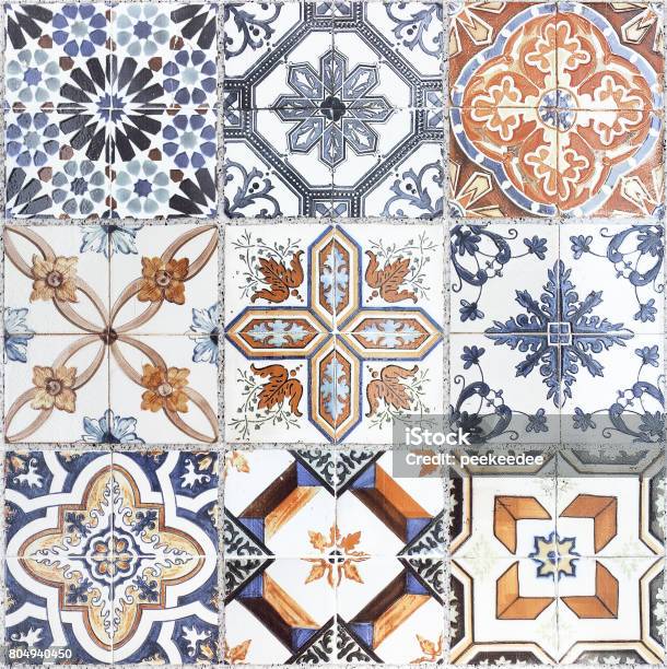 Beautiful Old Wall Ceramic Tiles Patterns Handcraft From Thailand Public Stock Photo - Download Image Now