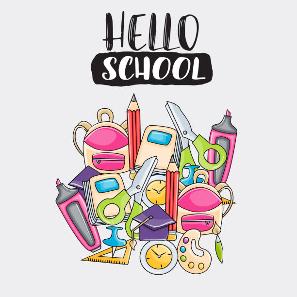 Hello school doodle clip art greeting card. Cartoon vector illustration for flyer or banner. Typography script text. Hello school doodle clip art greeting card. Cartoon vector illustration for flyer or banner. Typography script text. junior high stock illustrations