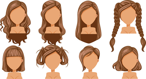Beautiful  hairstyle woman  modern fashion for assortment. long hair, short hair, curly hair salon hairstyles and trendy haircut vector icon set isolated on white background.