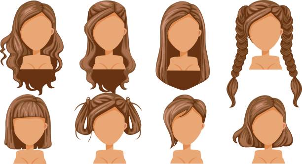 Hair Beautiful  hairstyle woman  modern fashion for assortment. long hair, short hair, curly hair salon hairstyles and trendy haircut vector icon set isolated on white background. braided hair stock illustrations