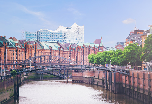channel in the old warehouse district Speicherstadt in Hamburg, Germany with Elbphilharmonie concert hall in background