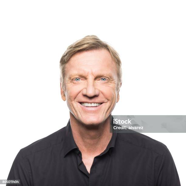 Handsome Mature Man Smiling Stock Photo - Download Image Now - White Background, Portrait, Men