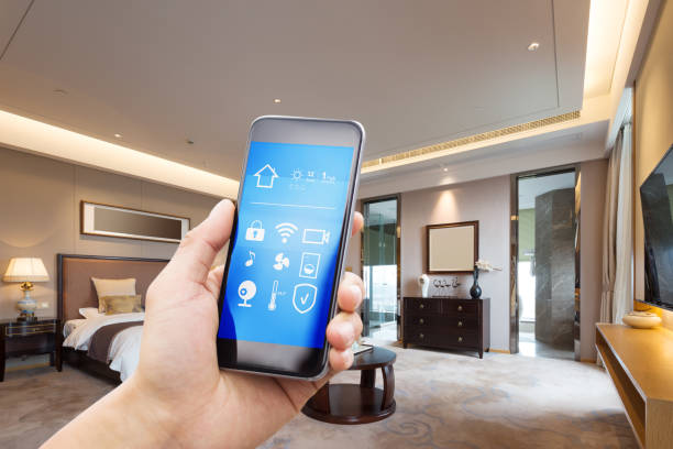 istock mobile phone with luxury bedroom in smart home 805011756