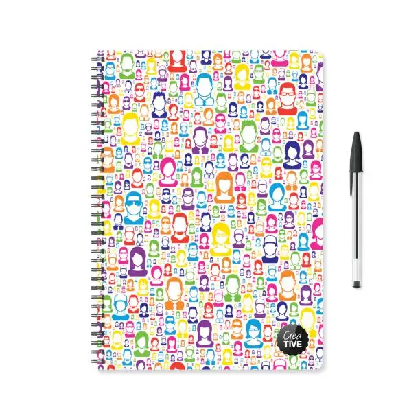 Vector illustration of Notepad template with color people and ballpoint pen