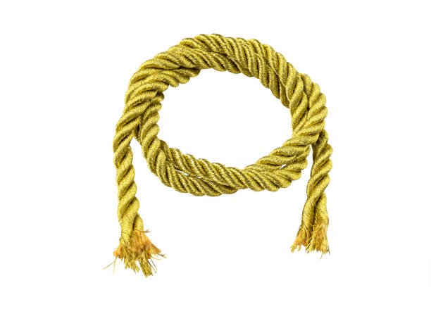 złota lina jest stała i rolka, węzeł na każdym końcu. izolowane na białym tle (ze ścieżką przycinającą). - tied knot rope reef knot isolated zdjęcia i obrazy z banku zdjęć