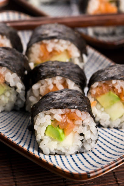 istock Sushi - Salmon rolls served on a plate 805012892