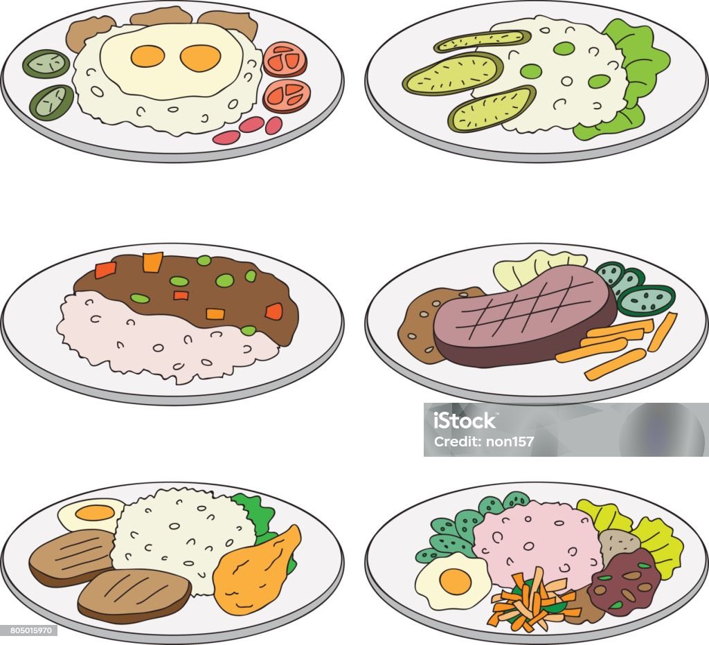 Vector Cartoon Set Lunch Stock Illustration - Download Image Now - Curry -  Meal, Rice - Food Staple, Art - iStock