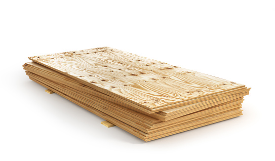 Pila de aislamiento de tableros contrachapados de madera sobre un fondo blanco. Ilustración 3D photo