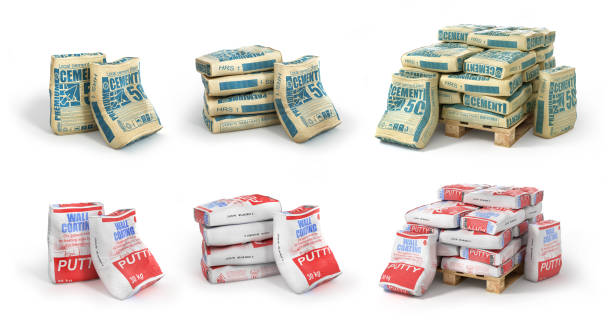 Set of cement bags stack on wooden pallet. Paper sacks isolated on white background. 3d illustration Set of cement bags stack on wooden pallet. Paper sacks isolated on white background. 3d illustration cement bag stock pictures, royalty-free photos & images