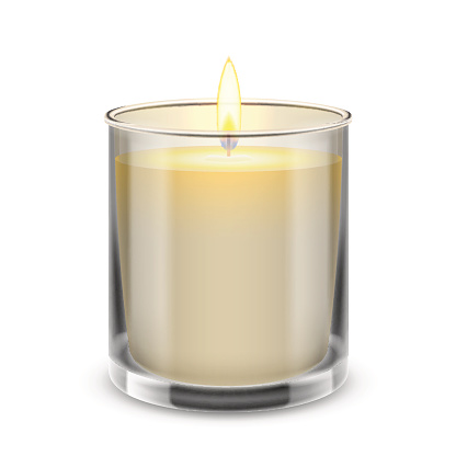 Candle light in a straight glass jar. Vector realistic illustration.