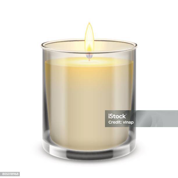 Candle Light In A Straight Glass Jar Vector Realistic Illustration Stock Illustration - Download Image Now