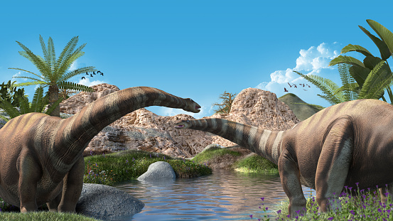 diplodocus dinosaurs taking an afternoon in oasis. 3D Render.