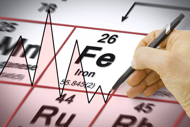 hand drawing a graph about iron chemical element - concept image with the mendeleev periodic table - mendeleev table imagens e fotografias de stock