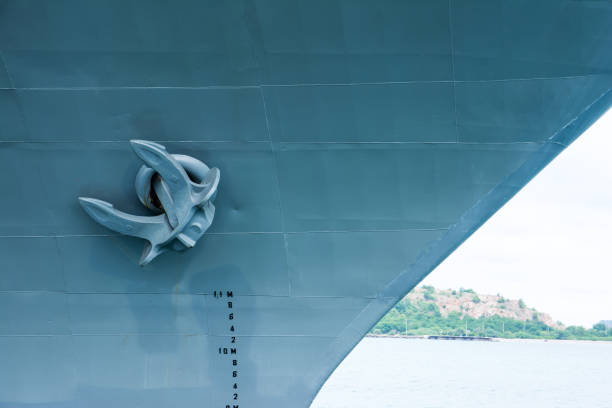 istock Battleship anchor with sea background.Warship anchor 805060352