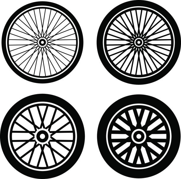illustrazioni stock, clip art, cartoni animati e icone di tendenza di ruote moto bici nero silhouette vettore - bicycle wheel tire spoke