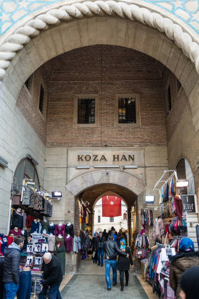 Silk market or Koza han in Bursa, Turkey Bursa, Turkey - February 04, 2017: Entrance of Silk market or Koza han in Bursa, Turkey ulu camii stock pictures, royalty-free photos & images