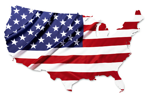 The American flag in the shape of the United States on whiite background with clipping path