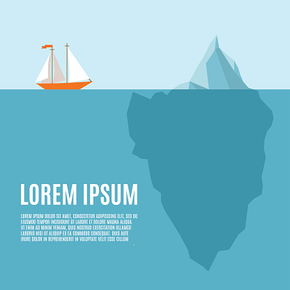 Vector illustration with polygonal iceberg under and above water. Ship in danger on blue background. Business or personal problem theme vector illustration. Infographic or brochure template.