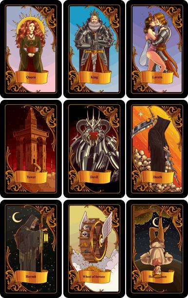 Tarot Cards Set of classic tarot cards in black frame, vector EPS10 tarot cards stock illustrations
