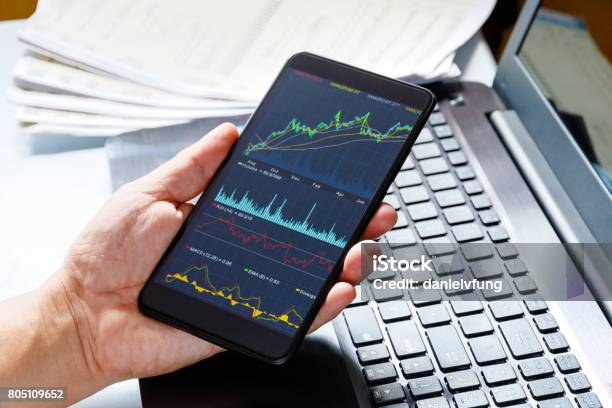 Stock Market Data On Moblie Phone Stock Photo - Download Image Now - Stock Market and Exchange, Telephone, Investment