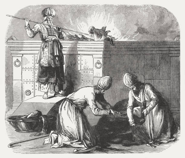 altar des brandopfers (exodus 29), holzschnitt, veröffentlicht 1886 - opfer stock-grafiken, -clipart, -cartoons und -symbole
