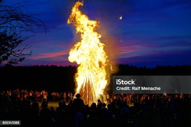 Bavaria Customs And Tradition Johannisfeuer Or Sonnwendfeuer Where Straw Dolls Are Burned At Saint Johns Eve Stock Photo - Download Image Now