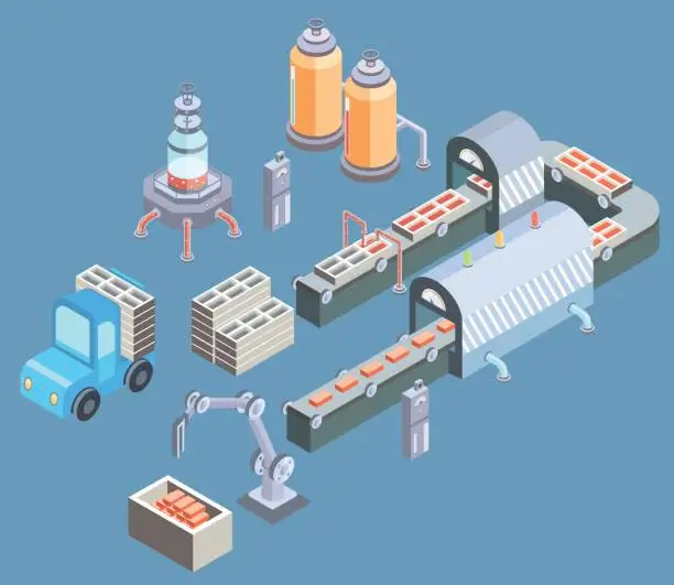 Vector illustration of Automated production line. Factory floor with conveyor and various machines. Vector illustration in isometric projection.