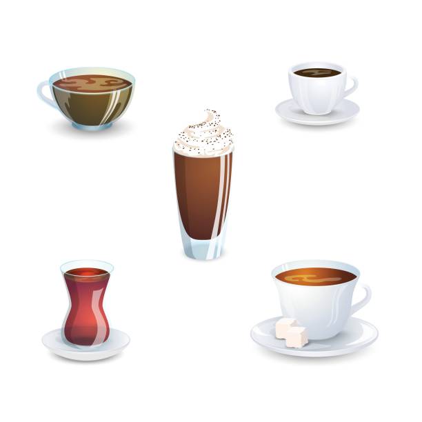 ilustrações de stock, clip art, desenhos animados e ícones de set of delicious hot drinks coffee, tea and supplies isolated on white background. vector illustration. - hot chocolate cup chai heat