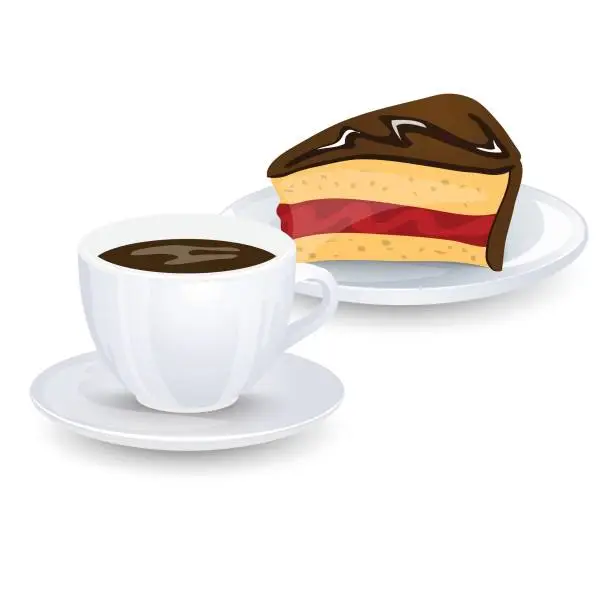 Vector illustration of A cup of coffee and a piece of chocolate cake with jam isolated on white background. Vector illustration.