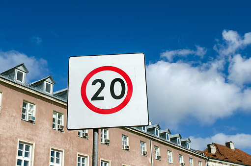 Twenty miles per hour speed limit sign in a residential, built up area, Warsaw, Poland.