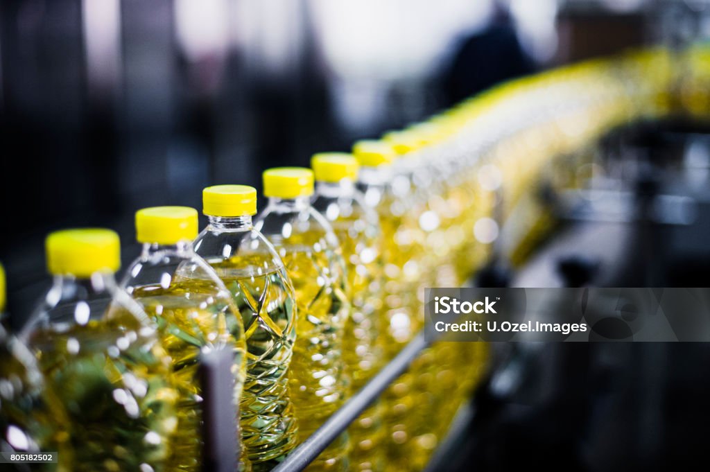 Sunflower Oil Factory, Close-Up, High Iso, Selective Focus Cooking Oil Stock Photo