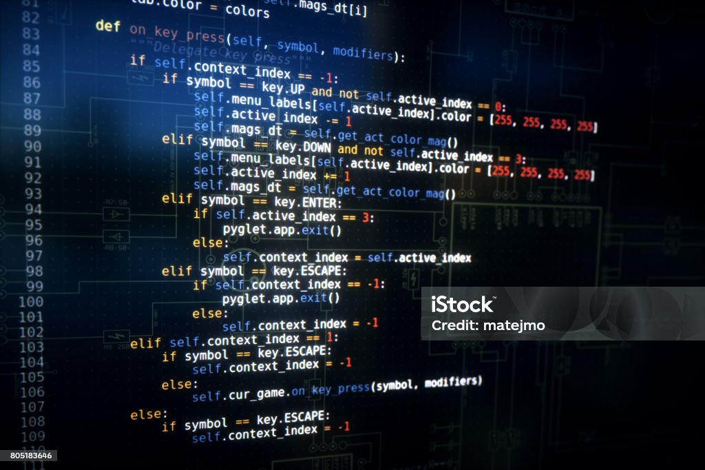 Python Computer Code Example Function Glowing source code example snippet written in the Python programming language. Coding Stock Photo