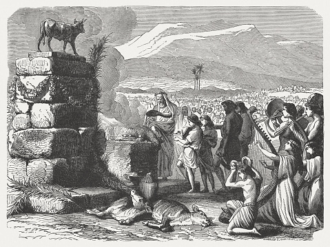 The Worship of the Golden Calf (Exodus 32). Wood engraving, published in 1886.