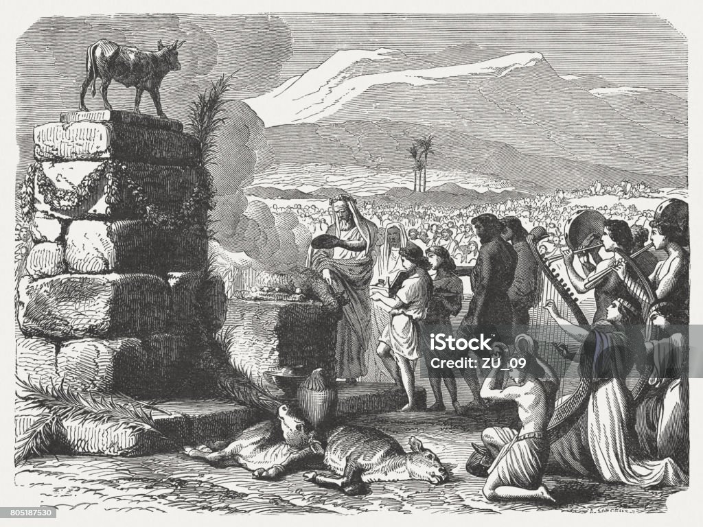 Worship of the Golden Calf (Exodus 32), published in 1886 The Worship of the Golden Calf (Exodus 32). Wood engraving, published in 1886. Calf stock illustration