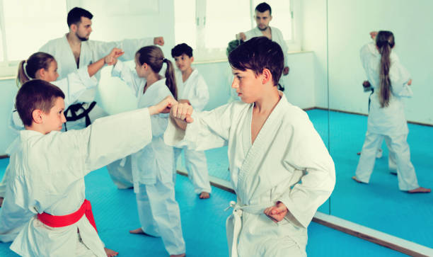 istock Teenagers practicing new karate moves in pairs in class 805188100